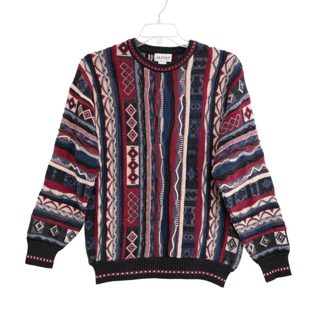 VTG Alfani Coogi Style 3D Textured Knit Sweater Multicolor Geometric 90 Abstract